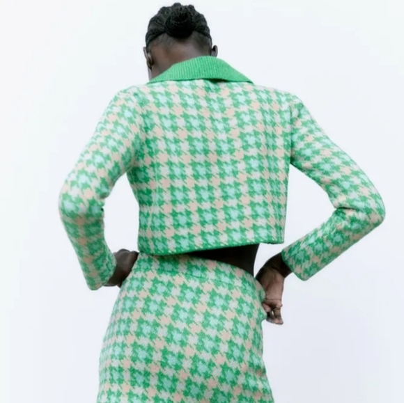Zara Green and Cream Houndstooth Cardigan - Picture 6 of 11